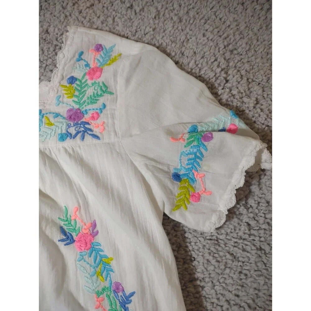 Lilly Pulitzer White Cotton Embroidered Peasant Top - Neon Floral Accents